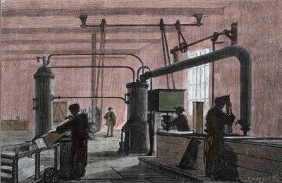 Fabrik för tillverkning av is med systemet av Ferdinand Carre (1824-1894). Gravyr av 1800-talet. av Unknown artist
