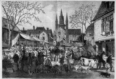 Mässa i Bretagne på torget i en by. Gravyr i "" Le Monde Illustré"" av Unknown artist