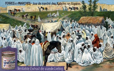 Mässor och marknader: Kabylmarknadsdag i Algeriet. Kromolitografi, Liebig-bild. av Unknown artist