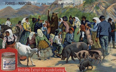 Mässor och marknader: boskapsmässa på Sicilien. Kromolitografi, Liebig-bild. av Unknown artist
