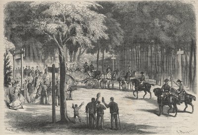 Familjevistelse i Fontainebleau: utflykt för sina majeser till ruinerna av Franchart. Ett bröllop välkomnar kejsar Napoleon III (1808-1873) och hans familj. Gravyr i "The Universe illustrious" av Unknown artist