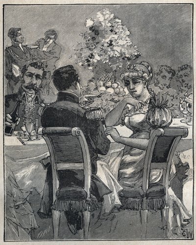 Kända halsband: Josephines pärlhalsband. Konsul Napoleon Bonaparte frågar efter ursprunget till pärlhalsbandet på halsen på hans fru, Josephine de Beauharnais (Marie Josephe Rose de Tascher de La Pagerie av Unknown artist