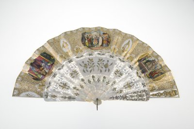 Fläkt, c.1860, Tryckt och målat papper, pärlemor, guld, silver och kopparmetaller och spegel, Tillverkare okänd av Unknown artist