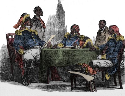 Faustin Soulouque (1782-1867) dit Faustin I, kejsare av Haiti från 1847 till 1859, representerad vid ett möte Gravyr från "Emporio picturesco" 1850 av Unknown artist
