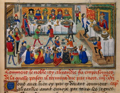 Festmåltider, serverad för kung Alexander och hans hovmän under de sista dagarna av hans liv. Miniatyr hämtad från "La Vraye Histoire du Bon Roy Alixandre"" av Callisthenes, eller Kallisthenes (ca 360-328 f.Kr.) av Unknown artist