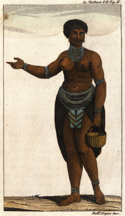 Kvinnlig medlem av den sydafrikanska hottentotstammen, gravyr från 1820. av Unknown artist