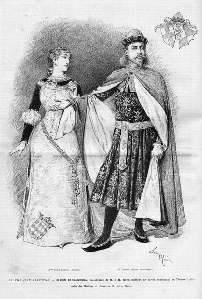 Fides Devries i rollen som Amelia och Victor Maurel (1848 -1923) i Simon Boccanegras eponymopera i tre akter av Giuseppe Verdi, ett libretto av Francesco Maria Piave efter ett stycke av Antonio Garcia Gutierrez, en representant på Itali av Unknown artist