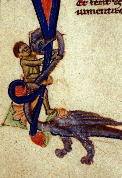 Kamp mellan en drake och en man Detalj av en miniatyr från 1300-talet av Unknown artist