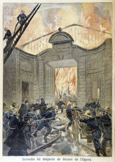 Brandkårsingripande under branden av operans inredningsbutik. illustration av "Petity Journal" 1894. av Unknown artist