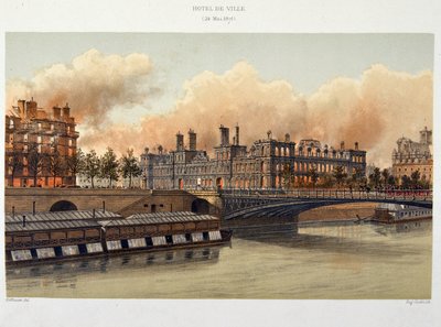 Brand på Hotel de Ville de Paris den 24 maj 1871 - litografi av Unknown artist