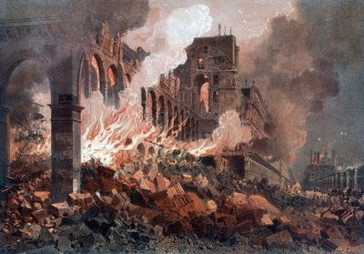 Finansministeriets brand (vid tiden i Tuilerierna) den 24 maj 1871 - litografi, sent 1800-tal av Unknown artist