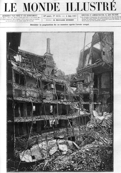 Fire of the Opera Comique (Opera-Comique) i Paris den 25 maj 1887 under framförandet av Ambroise Thomas första akt av "Mignon". De inre ruinerna. Loger och gallerier sett från frontscenen, sidoträdgården. Gravyr i "" Le monde illustrious"" av Unknown artist