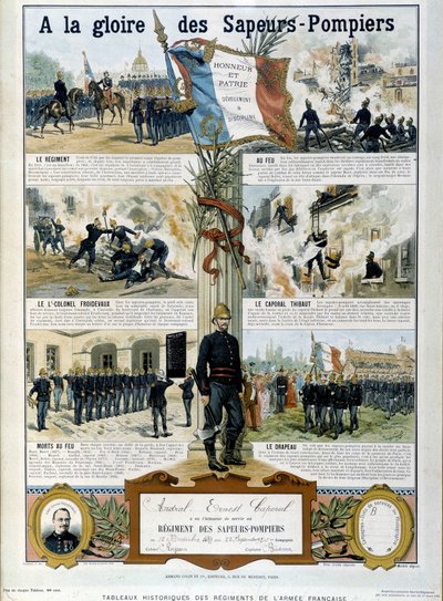 Brandmän: Till Sapeurs ära - i "" Historiska målningar av den franska arméns regementen"" cirka 1890 av Unknown artist