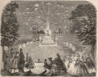 Fyrverkerier och belysning av slottet Maison Laffitte (House-Laffitte) på kvällen för jordbrukskommitténs tävling. Gravyr i ”Le Monde illustrious”” från 1857. Privat samling. av Unknown artist