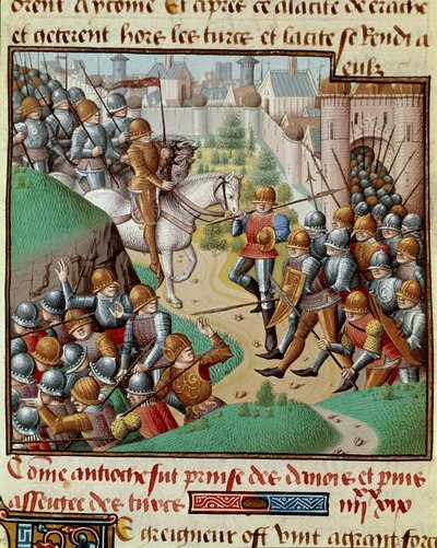 Första korståget: "" Erövringen av Antiokia"" Slaget utkämpades under Antiokias murar mellan Bohemonds korsningsorder och Karboukas armé, generalen för Sultanen av Persien i juni 1098. Miniatyr i "" Le miroir historial"" (Speculum) Historia) (ms. av Unknown artist