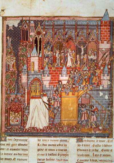Första korståget: belägringen och intagandet av Jerusalem av korsningarna ledda av Godefroy de Bouillon (1058-1100) 1099. Miniatyr från "Chronicles d