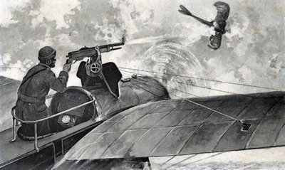 Första världskriget: "den franske flygaren Jules Vedrines (1881-1919) ombord på sin Bleriot skjuter ner ett tyskt flygplan Taube, 2/09/1914" (WWI: the french aviator Jules Vedrines on his Bleriot aeroplane sends down a Taube with his machine gun, 2nd Septe av Unknown Artist