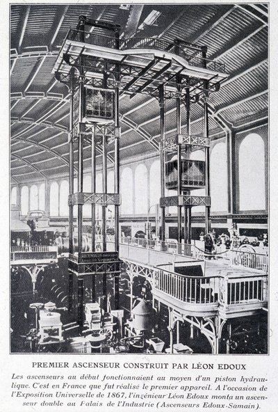 Första hissen byggd av Léon Edoux vid 1867 års universella utställning av Unknown artist