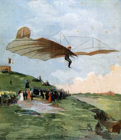 Första glidtestet av Otto Lilienthal (1848-1896), en tysk ingenjör, på hans flygplan 1894 av Unknown artist