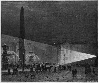 Första offentliga erfarenhet av elektrisk belysning gjord i Paris på Place de la Concorde av Deleuil och Leon Foucault vid mig i december 1844. i "" La Nature. Granskning av vetenskaper och deras tillämpningar för konst och industri.”” av Unknown artist
