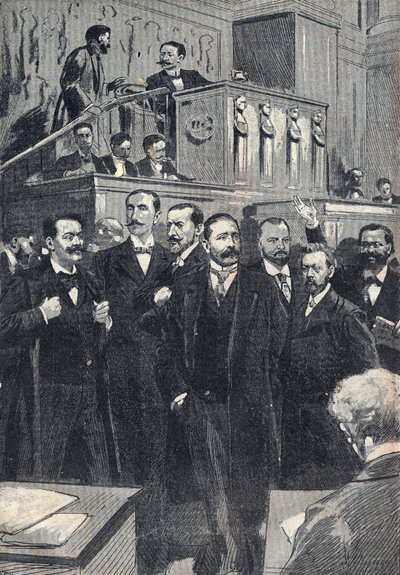 Första sammanträdet i deputeradehuset vald 1898: Paul Deschanel (1855-1922), ordförande för deputeradekammaren. Paul Adolphe Granier de Cassagnac (1842-1904), Lucien Millevoye (1850-1918), Paul Deroulede (1846-1914), Jacques Piou (1838-1932), Eugen av Unknown artist