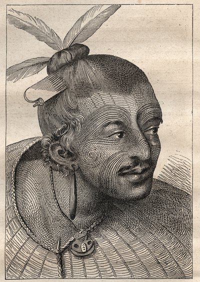 Första resan (1768-1771) av kapten James Cook (1728-1779): tatuerat huvud av en Neo-Zelandais (Neo Zelandais) - illustration hämtad från "The Great Mariners of the 18th century"" av Unknown artist