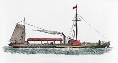 Första resan med ångbåten "Clermont" av Robert Fulton (1765-1815), amerikansk ingenjör på Hudsonfloden, USA av Unknown artist