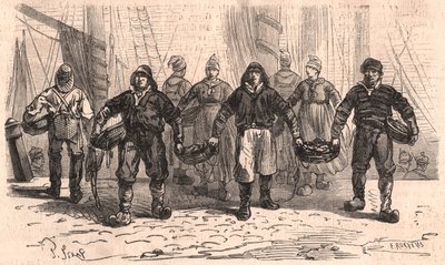 Fiskare med korgar fulla av fisk på kajen i hamnen i Trouville, Frankrike av Unknown