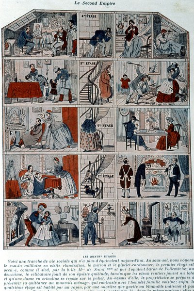 Fem våningar som visar de olika samhällsklasserna under det andra imperiet. Illustration representerad som ett tvärsnitt av en parisisk byggnad. av Unknown artist