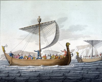Flotta av Vilhelm I Erövraren (1027 - 1087) på väg mot England - i "Den gamla och moderna kostymen"" av Ferrario, red. Milano av Unknown artist