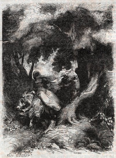 Flight of Angelica (Angelica) under striden - gravyr från 1851 från "" Furious Roland"" (Orlando furioso) (1500-talet) av Ludovico Ariosto, känd som Ariosta - Upplaga översatt från italienska av greven av Tressan och publicerad av Gustave Harva av Unknown artist
