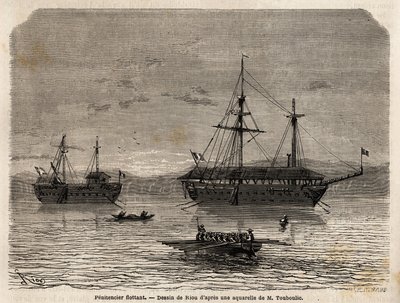 Flytande botemän i Franska Guyana, en koloni som övergick till fångenskapen av de som tog över domstolarna och de män som var tvungna att stanna. Gravyr för att illustrera resan i Franska Guyana 1862-1863, av Frederic Bouyer, kapten på fregatt, i "" Le tou av Unknown artist