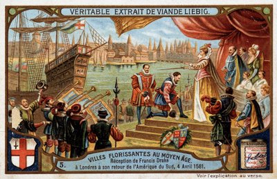 Medeltidens blommande städer: mottagande av Francis Drake (1542-1596) i London (England), när han återvände från Sydamerika, den 4 april av Unknown artist