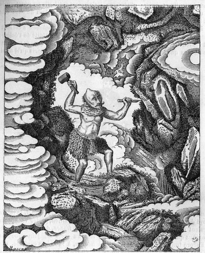 Världarnas bildande: den kinesiska guden Pan-Kou-Che snidar ut jordens bark. Gravyr i "Le journal de la jeunesse"" av Unknown artist