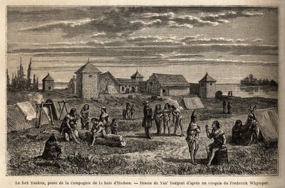 Fort Youkon, i Nortonbukten, Alaska, grundat 1847, en etablering av Hudson Bay Company, indier slog läger runt palisaderna. Gravyr för att illustrera resan och äventyren i engelska Colombia, Vancouver Island och Alaska, av Frederick av Unknown artist