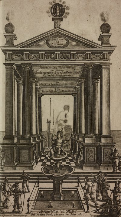 Fontän med kerub och tempel, gravyr, frontispice från Grand Art d