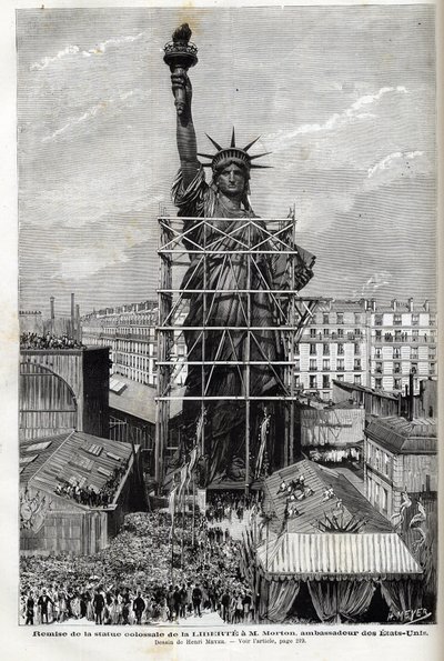 Frankrike, Paris, Ge Frihetsgudinnan till USA:s ambassadör - Förpackning av Libertestatyn gjord av Frederic Auguste Bartholdi (1834-1904) i byggnadsställningar för att transportera den från Paris till Amerika av Unknown artist