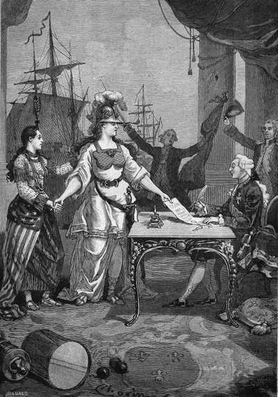 Frankrike allierade - Kungen (Louis XVI) behövde bara skriva under: den 6 februari 1778 undertecknades vänskaps- och handelsavtalet mellan Frankrike och rebellkolonin i Nordamerika, vilket tvingade Frankrike att garantera Amerikas förenta staters självstän av Unknown artist