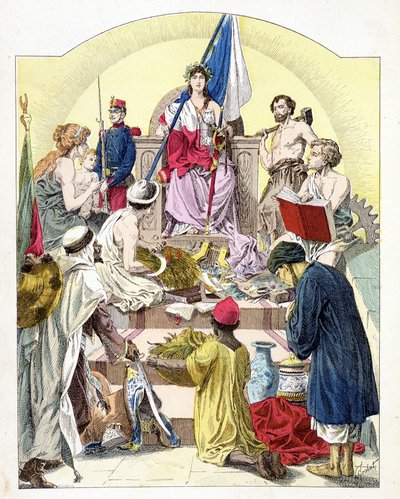 Frankrike, under Mariannes drag, omgivet av sina personifierade kolonier - i "Histoire de France"", av E. Grobet, ca. 1915 av Unknown artist