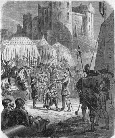 Frans I av Frankrike begär att bli adlad av Chevalier Bayard efter seger i slaget vid Marignano, Italien av Unknown artist