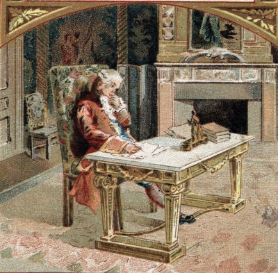 Francois-Marie (Francois Marie) Arouet de Voltaire dit Voltaire (1694-1778), 23 år på slottet Sully-sur-Loire (Sully sur Loire). Kromolitografi från slutet av 1800-talet av Unknown artist