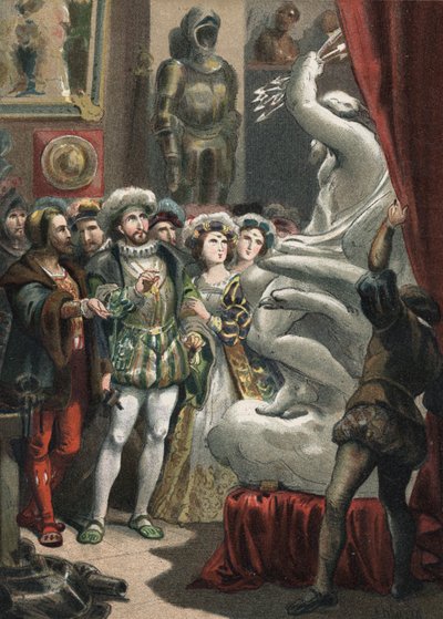 Francois I (1494-1547), kung av Frankrike, vid den italienske skulptören Benvenuto Cellini (1500-1571) gravyr från 1881 i "" Skönhetskulten"" av Juan Justo Huguet, Molinas Hermanos editores av Unknown artist