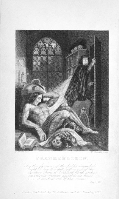 Frankenstein. ”I glimten av det halvt släckta ljuset såg jag varelsens dovgula öga öppna: den andades hårt och en kramprörelse agiterade dess lemmar. Jag rusade ut ur rummet