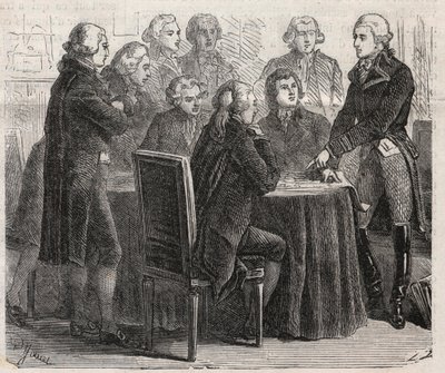 Franska revolutionen: Greve Louis Marie de Narbonne-Lara (Narbonne Lara) (1755-1813) visar sina planer i församlingens kommittéer - Gravyr i "" Den illustrerade världen"" av Unknown artist