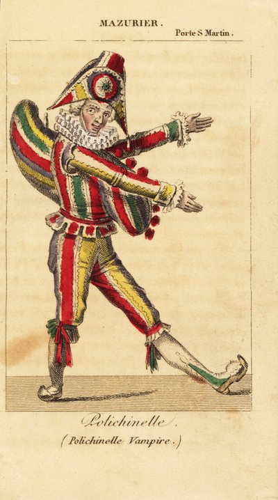 Den franska komiska dansaren och mimaren Charles-Francois Mazurier som Polichinello i Polichinelle Vampire av Theodore de Banville på Theatre de la Porte Saint-Martin av Unknown artist