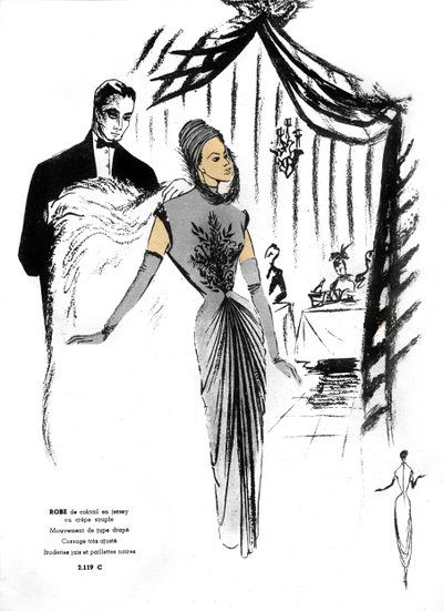 Franskt mode, design av cocktailklänning i restaurang. av Unknown artist