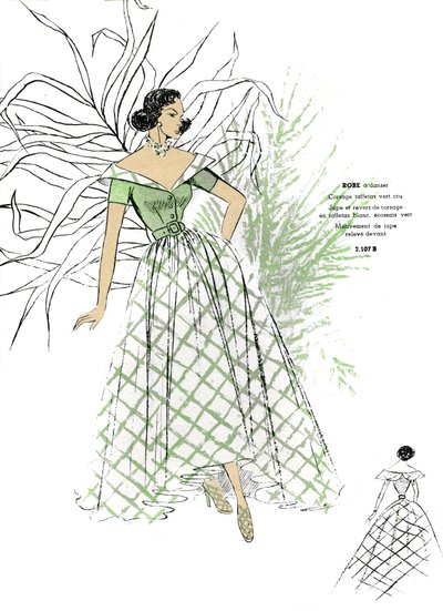 Franskt mode, design av dansklänning för sent 1940-tal. av Unknown artist