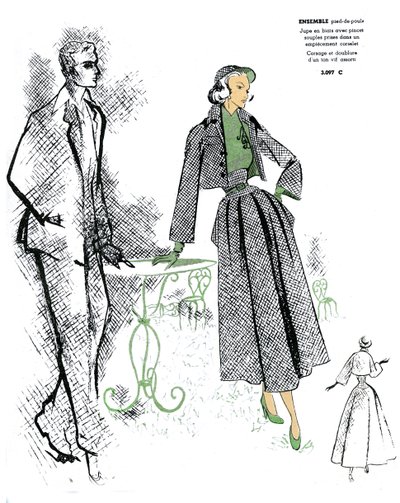 Franskt mode, design för houndstooth-dräkt. av Unknown artist