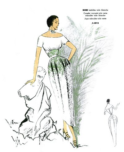 Franskt mode, broderad klänningsdesign. av Unknown artist