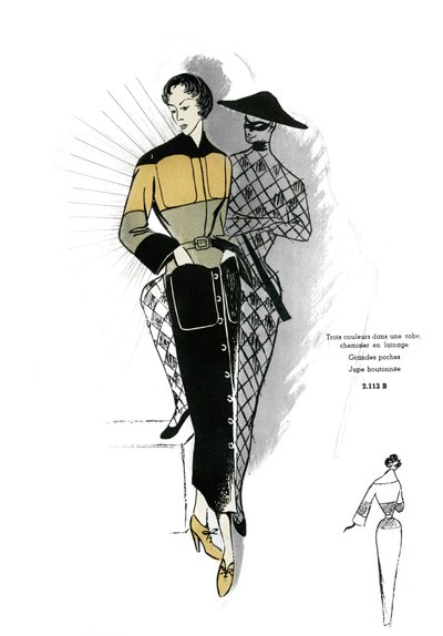 Franskt mode, design av skjortklänning i ull. av Unknown artist